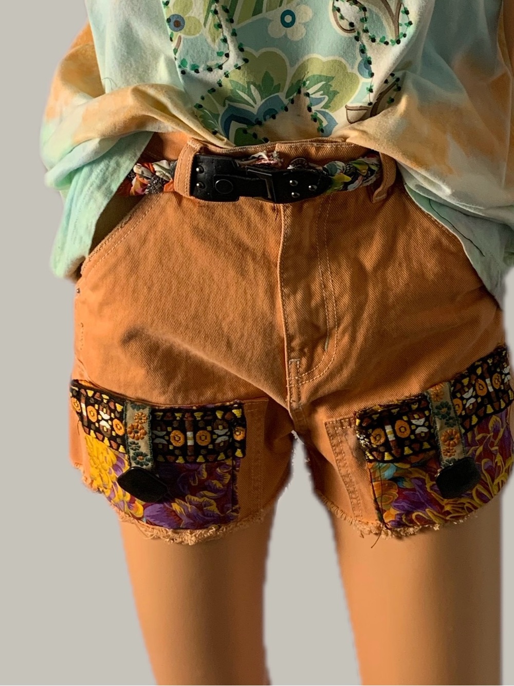 Boho Tan Patch Pocket Jean Shorts with Decorative Trim - Picture 4 of 12